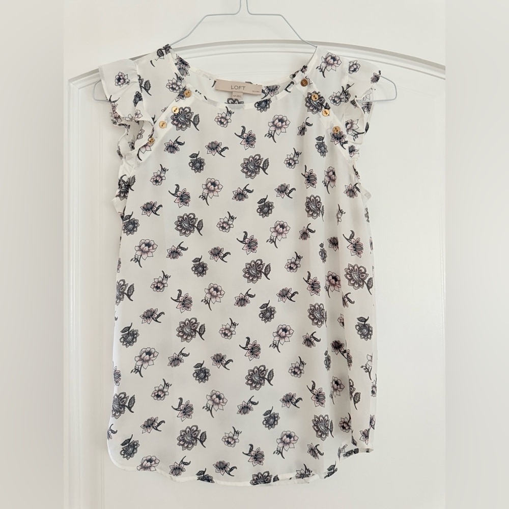 LOFT Girls' White Floral Ruffle Sleeve Top